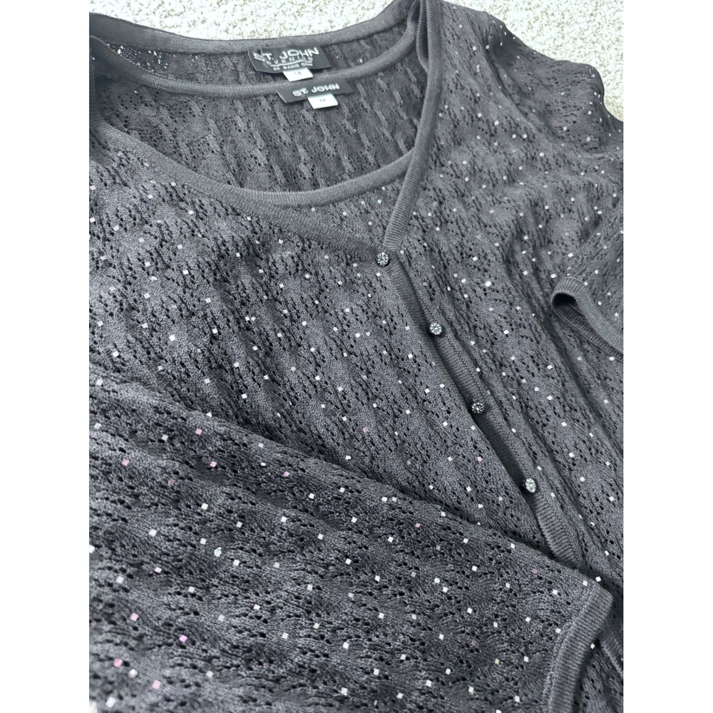 St John Evening Marie Gray Black Sequin Knit Cardigan Tank 2PC Set size 14 M